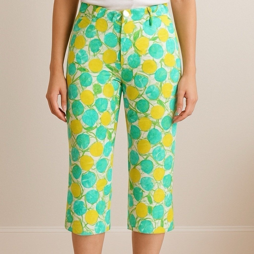 Lilly Pulitzer Fruit Print Cropped Pants Womens 8 White Yellow Blue Excellent